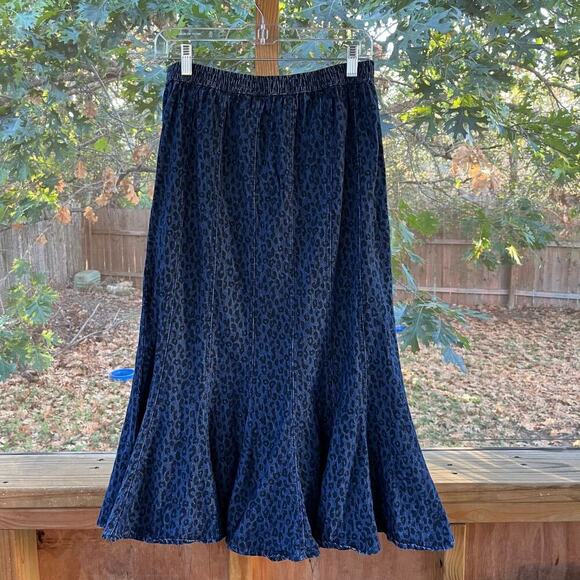 Studio West Women's Vintage Leopard Print Blue Denim Midi Skirt Size S - Picture 2 of 7